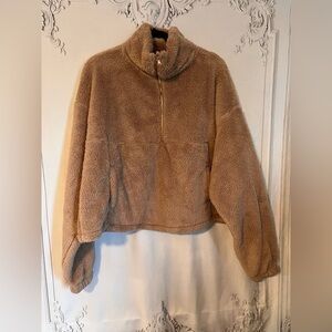 NWT Before You Cropped Teddy quarter zip Pullover size Tan/Cream Medium
